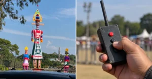 Split-screen image featuring an original photograph of the 181-foot Ravana effigy with Kumbhakarna and Meghnad at Dehradun Parade Ground on the left, and an AI-generated representative remote-control device on the right.