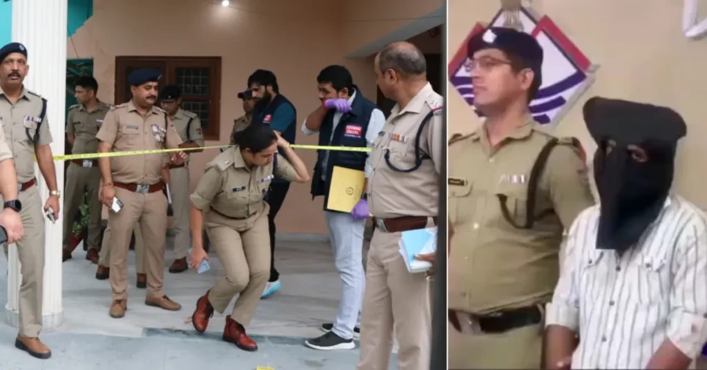 Police personnel investigating a triple murder case in Dehradun with a detained masked man.