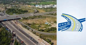 Aerial view of a multi-lane highway interchange associated with the Haridwar Spur of the Delhi-Dehradun Economic Corridor, alongside the NHAI logo.