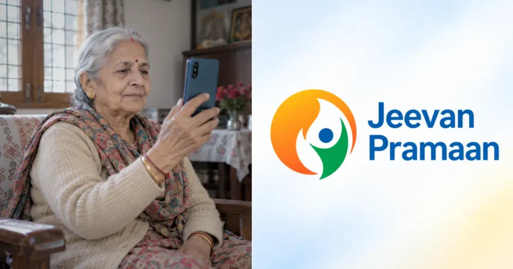 Elderly Indian woman using a smartphone at home alongside the Jeevan Pramaan logo, representing the digital life certificate facility for pensioners.