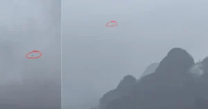 Two video stills showing a small distant airborne object circled in red against a cloudy mountain sky, shared in connection with the Joshimath helicopter crash in Uttarakhand.