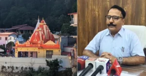 Split-screen image showing Kainchi Dham temple in Nainital on the left and District Magistrate Lalit Mohan Rayal addressing the media about pilgrim arrangements on the right.