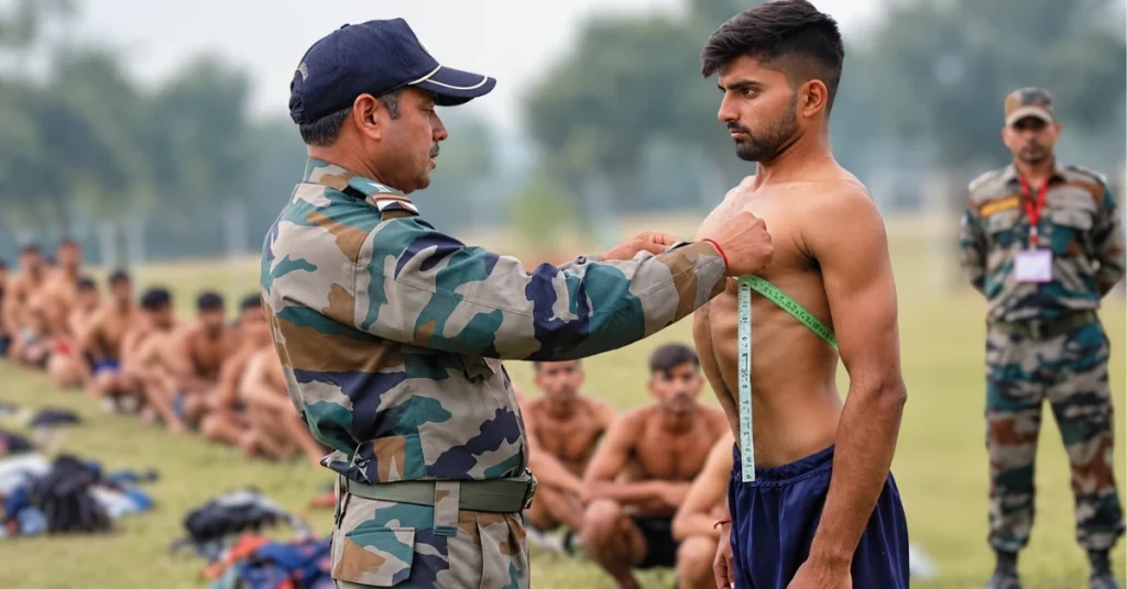 Army recruitment personnel measure the chest of an Agniveer recruitment candidate.
