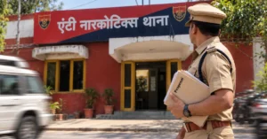 A police officer holding a proposal file outside a conceptual anti-narcotics police station in Rudrapur, Uttarakhand, with a prominent Hindi station sign.