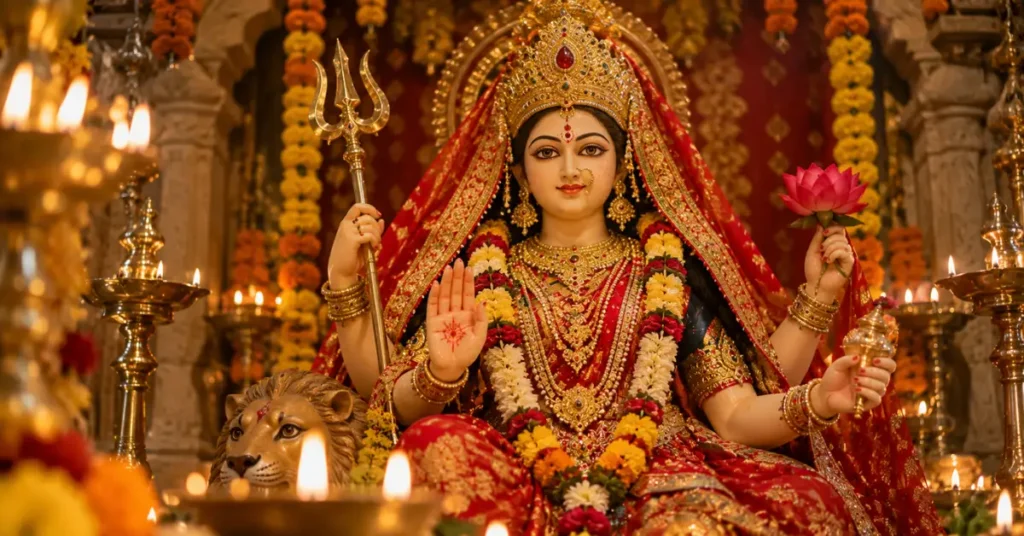 Mata Rani idol adorned in red attire, jewellery and flowers during Navratri worship.
