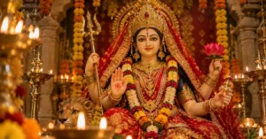 Mata Rani idol adorned in red attire, jewellery and flowers during Navratri worship.