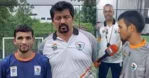 Photo collage of Sovendra Bhandari, captain of the Indian blind football team, pictured with a team staff member on a football field and speaking during a media interview.