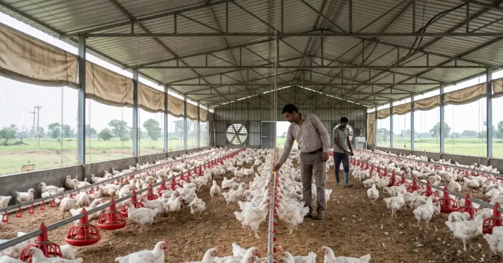 Commercial poultry farm in Uttarakhand showing mature chickens, feeding equipment and a farm entrepreneur inside a realistic poultry shed.