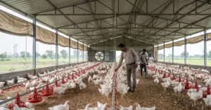Commercial poultry farm in Uttarakhand showing mature chickens, feeding equipment and a farm entrepreneur inside a realistic poultry shed.