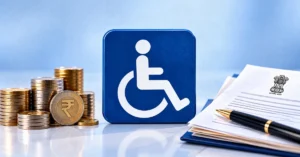 Blue wheelchair accessibility symbol with stacks of rupee coins, an Indian currency coin, government-style documents and a pen representing disability pension benefits.