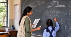Female teacher guiding a schoolgirl writing multiplication tables on a classroom blackboard, representing प्राथमिक शिक्षक recruitment in Uttarakhand