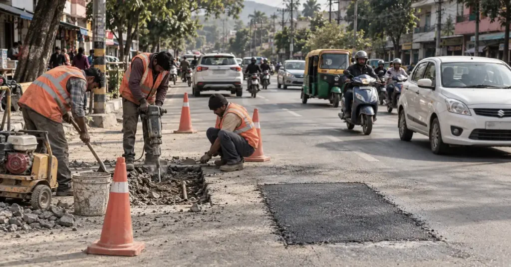 Road construction workers excavating and repairing an urban road with a jackhammer and safety cones as traffic passes, representing Uttarakhand's proposed road cutting policy.