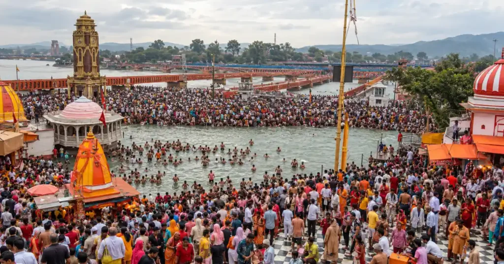 Devotees gather at a Haridwar ghat during a major Hindu religious occasion.