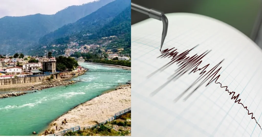 Split-screen visual showing a Himalayan riverside town and a seismograph recording seismic waves, representing the magnitude 4.2 earthquake in Uttarkashi.