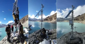 Three-panel photographic collage showing the installation of a solar-powered early warning system at Vasundhara Tal glacial lake in Chamoli, including field technicians, monitoring sensors and the completed station.
